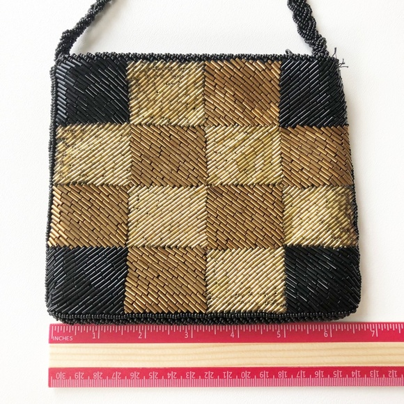 VTG Hand Beaded Shoulder Bag Checkered Gold Black - Picture 10 of 11